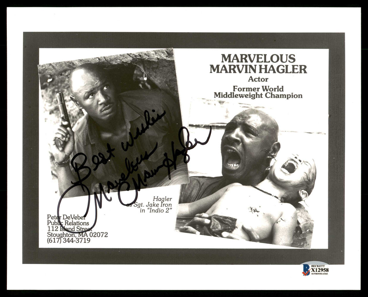 "Marvelous" Marvin Hagler Autographed 8x10 Photo "Best Wishes" Beckett BAS #X12958