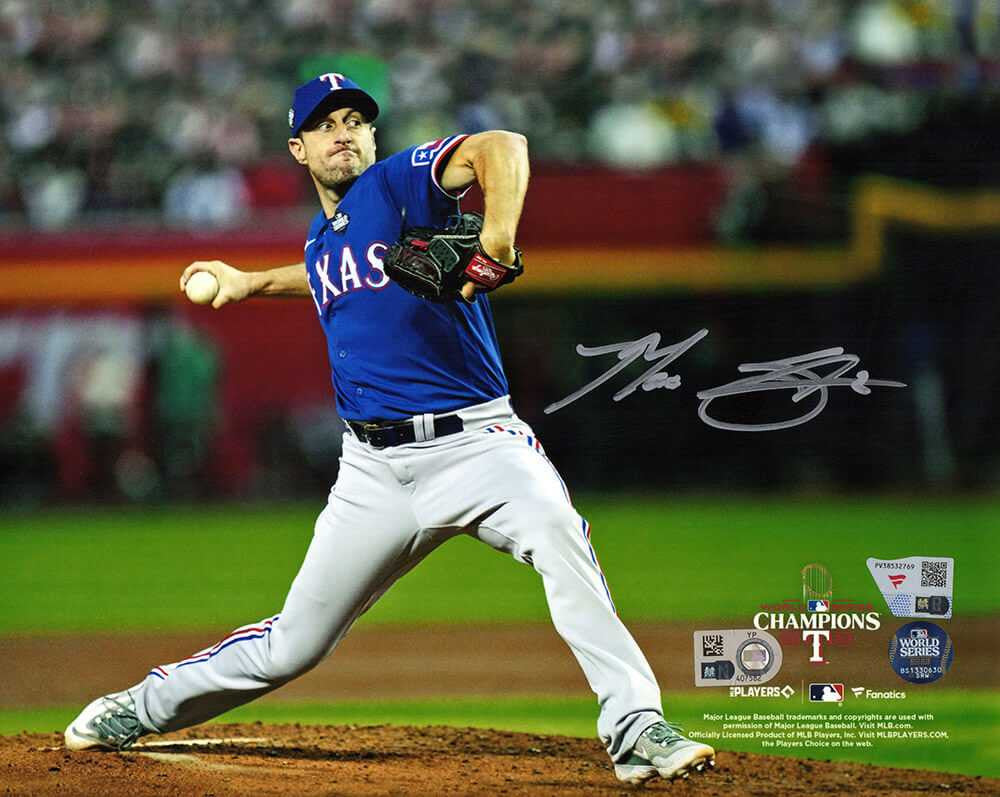 Max Scherzer Signed Texas Rangers 2023 World Series Pitching 8x10 Photo - (Fanatics)