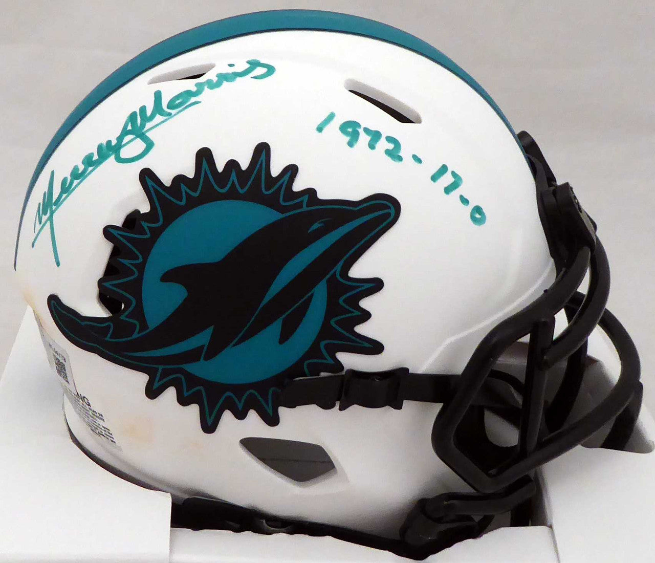 Mercury Morris Autographed Miami Dolphins Lunar Eclipse White Speed Mini Helmet "1972 17-0" Beckett BAS QR Stock #194065