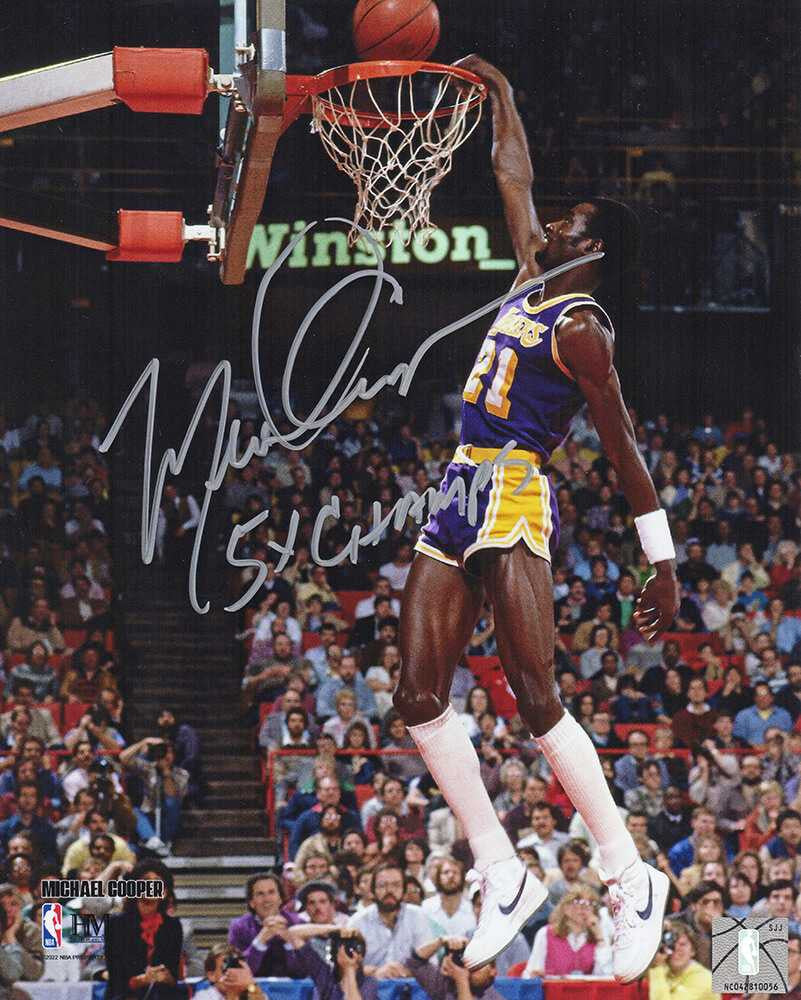 Michael Cooper Signed Los Angeles Lakers Slam Dunk Action 8x10 Photo w/5x Champs - Schwartz Authenticated