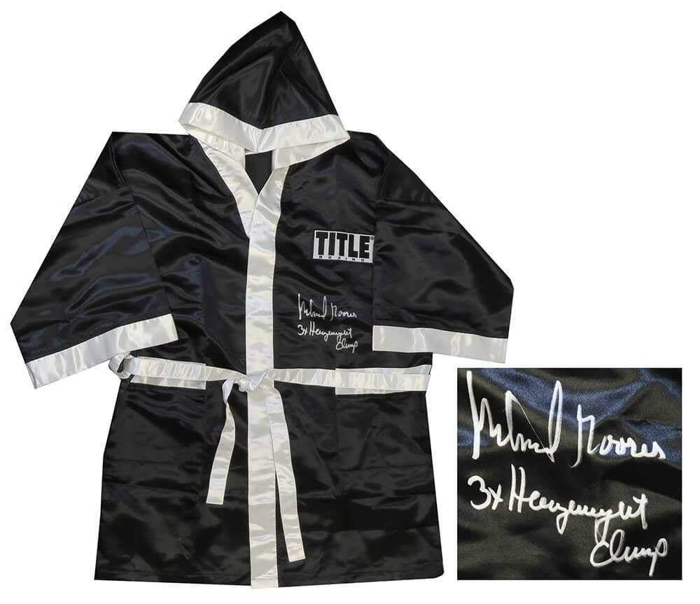 Michael Moorer Signed Title Black Full Length Boxing Robe w/3x Heavyweight Champ