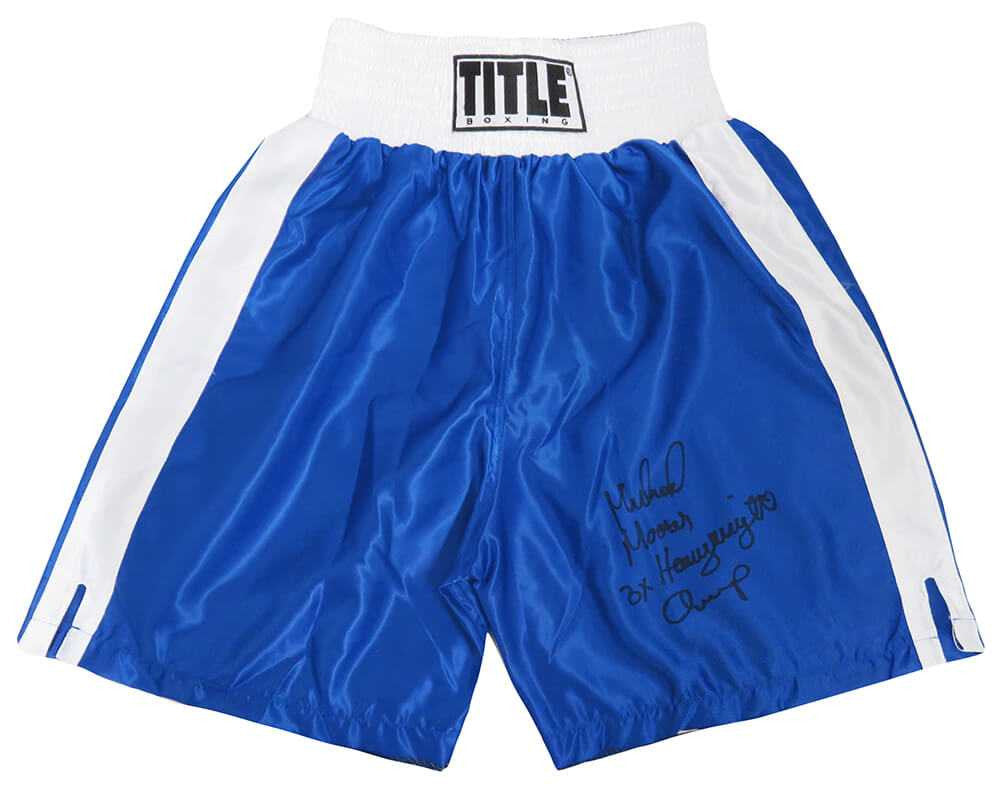 Michael Moorer Signed Title Blue With White Trim Boxing Trunks w/3x Heavyweight Champ (In Black) - Schwartz Authenticated