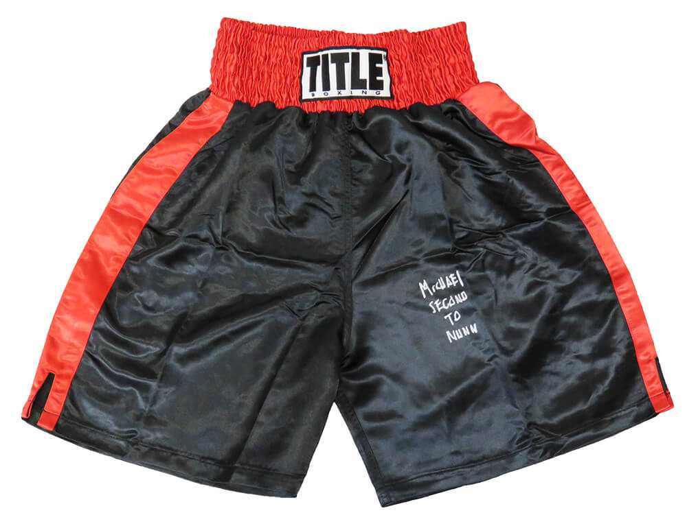 Michael Nunn Signed Title Black With Red Trim Boxing Trunks w/Second To Nunn
