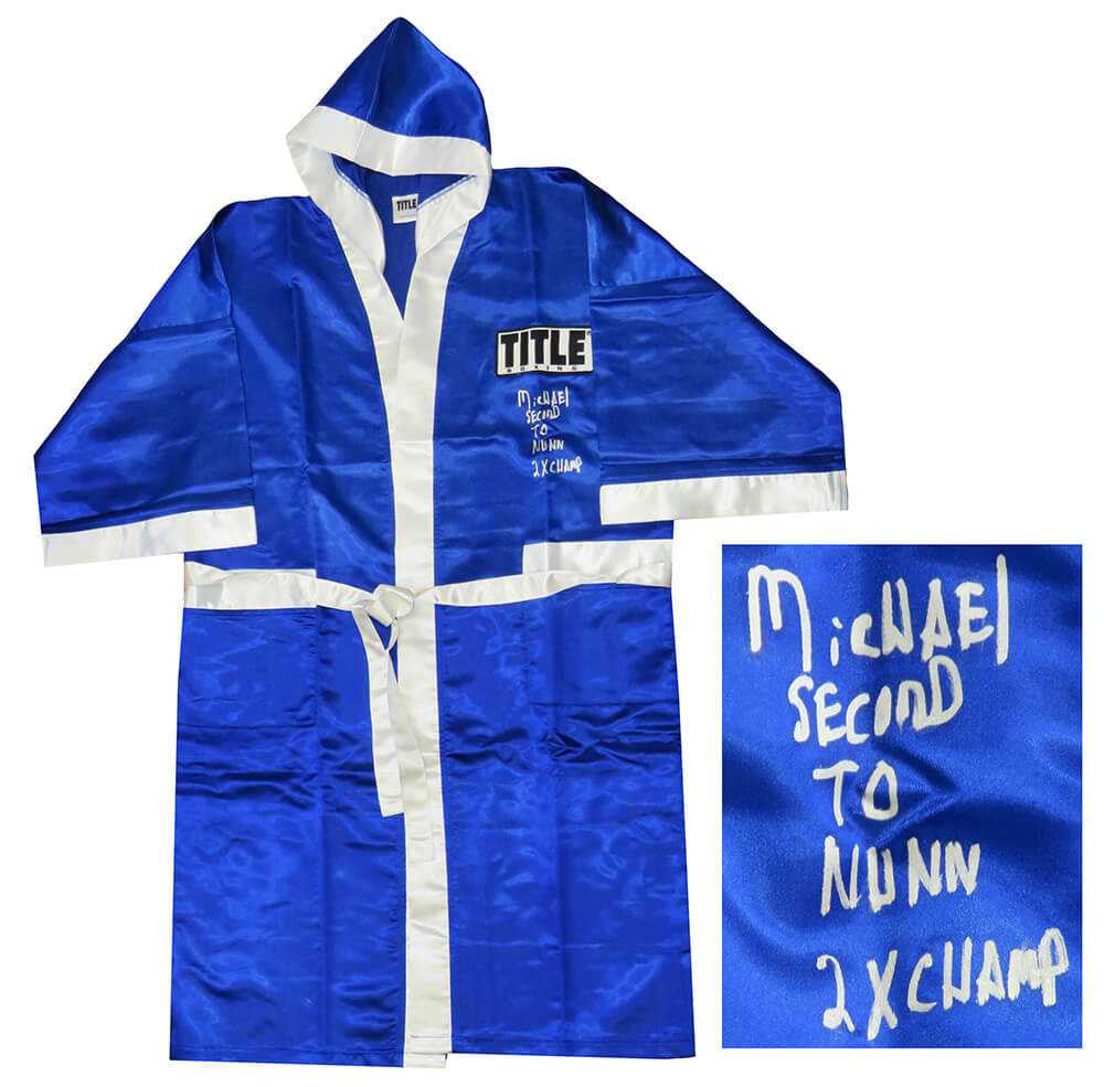 Michael Nunn Signed Title Blue Boxing Robe w/2x Champ, Second To Nunn