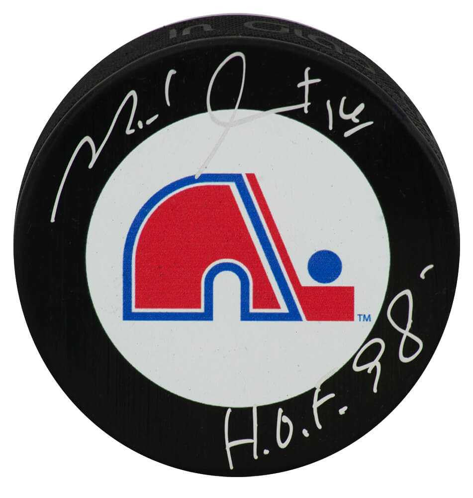 Michel Goulet Signed Quebec Nordiques Team Large Logo Hockey Puck w/HOF'98