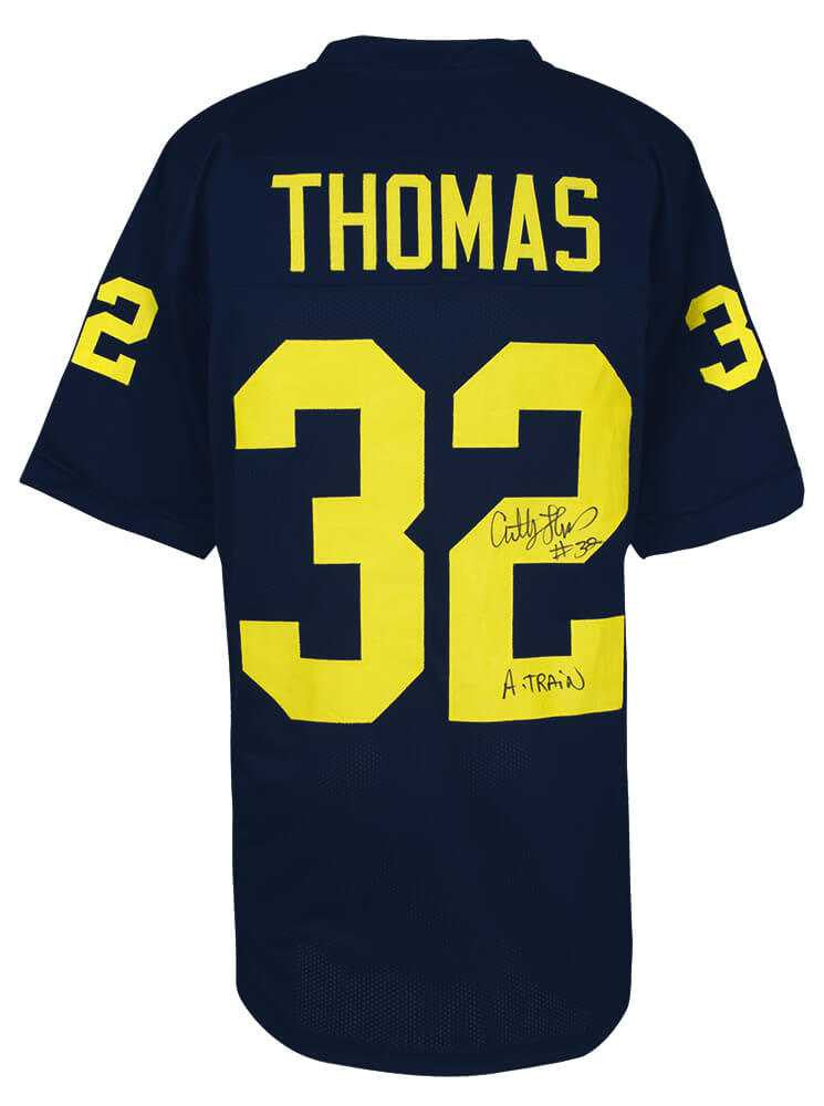 Michigan Wolverines Anthony Thomas Signed Navy Jersey w/A-Train - Schwartz Authenticated