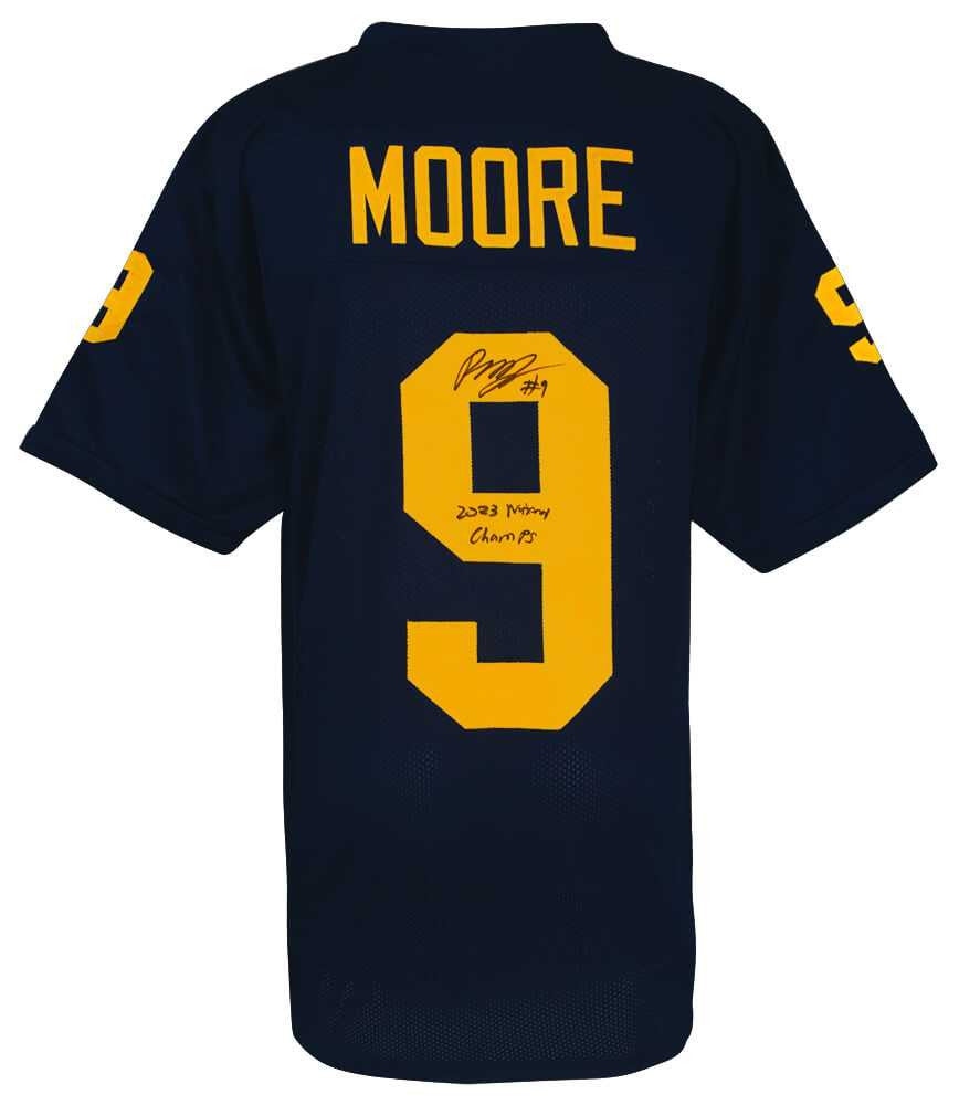 Michigan Wolverines Rod Moore Signed Navy Jersey w/2023 National Champs - Schwartz COA