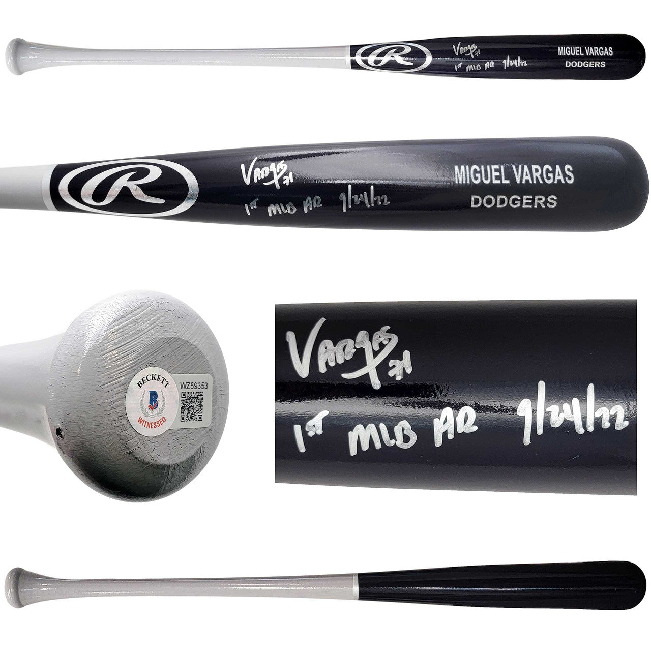 Miguel Vargas Autographed Black Rawlings Bat Los Angeles Dodgers "1st MLB HR" Beckett BAS Witness Stock #209052