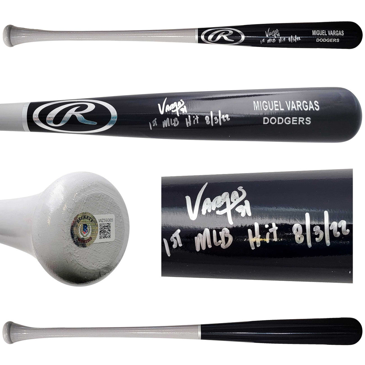 Miguel Vargas Autographed Black Rawlings Bat Los Angeles Dodgers "1st MLB Hit" Beckett BAS Witness Stock #209051