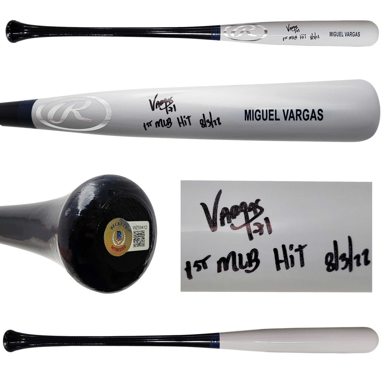 Miguel Vargas Autographed Gray Rawlings Bat Los Angeles Dodgers "1st MLB Hit" Beckett BAS Witness Stock #209049
