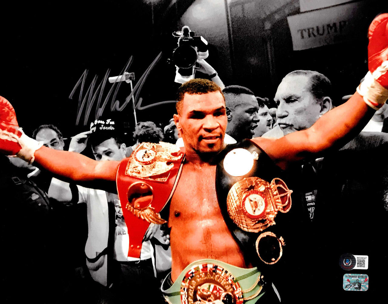Mike Tyson Autographed 11x14 Photo With Belts Beckett BAS Stock #206983