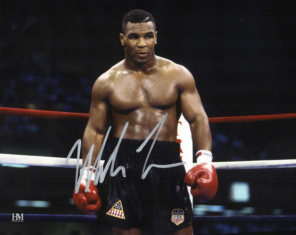 Mike Tyson Signed Boxing Black Trunks Action 8x10 Photo