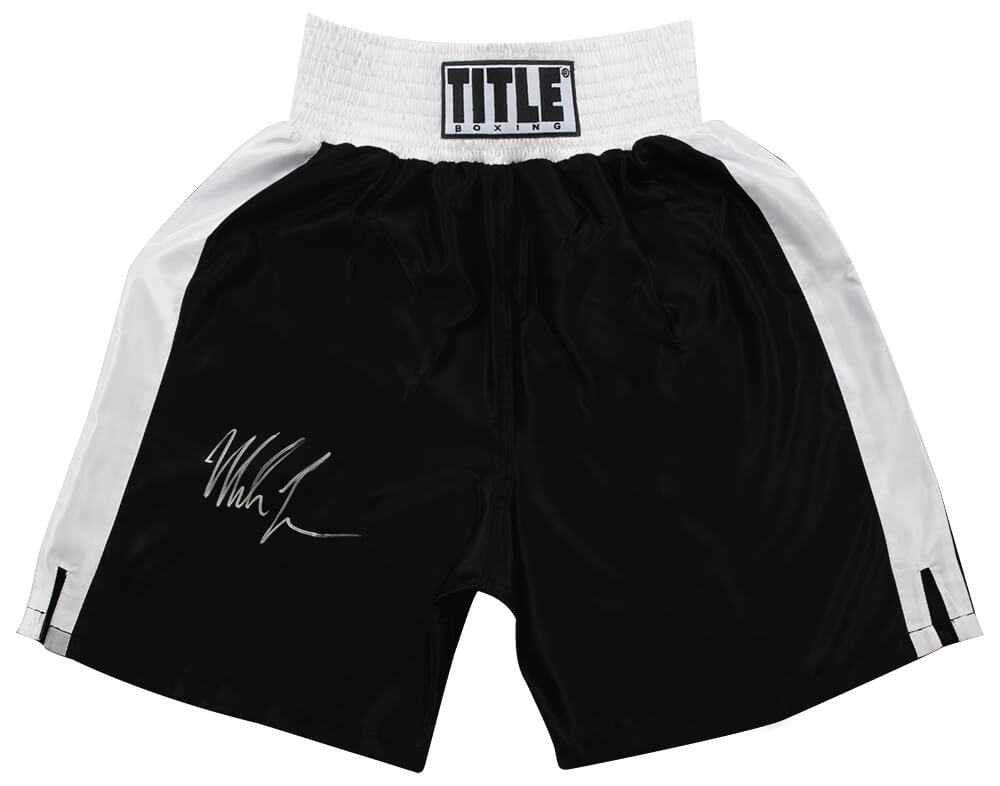 Mike Tyson Signed Title Black With White Trim Boxing Trunks - Schwartz Authenticated