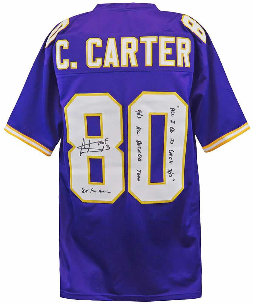 Cris Carter Autographed Minnesota Vikings Purple Jersey “HOF 13, All I Do Is Catch TDs, 90’s All-Decade, 8x Pro Bowl” – Schwartz Authenticated