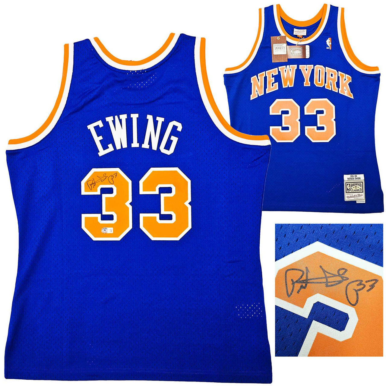 New York Knicks Patrick Ewing Autographed Blue Authentic Mitchell & Ness 1991-92 HWC Swingman Jersey Size L Beckett BAS Witness