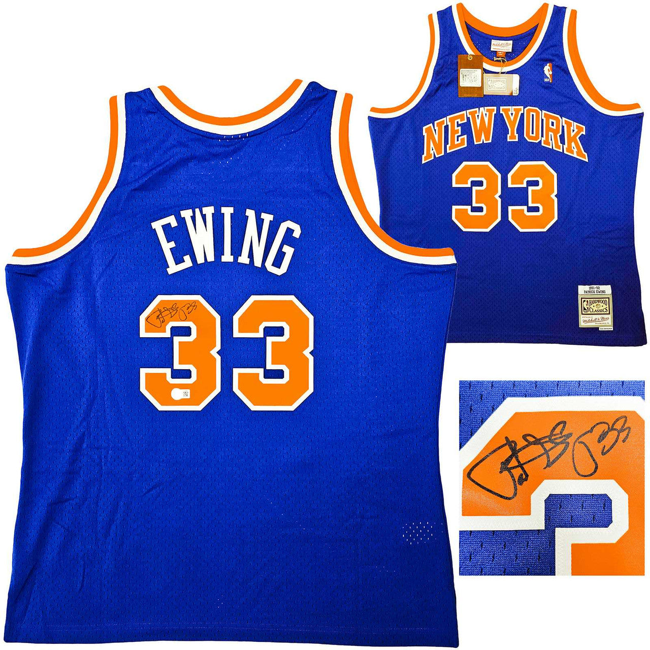 New York Knicks Patrick Ewing Autographed Blue Authentic Mitchell & Ness 1991-92 HWC Swingman Jersey Size XL Beckett BAS Witness