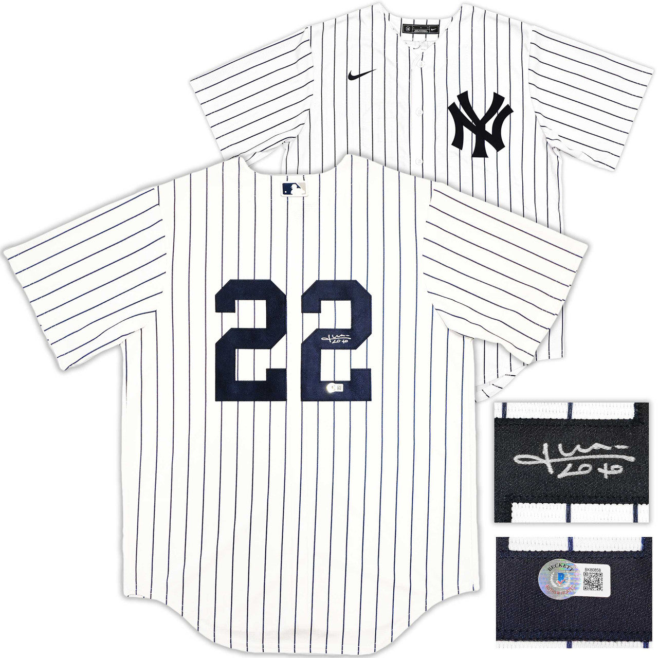 New York Yankees Juan Soto Autographed White Pinstripes Nike Jersey Size L Beckett BAS QR