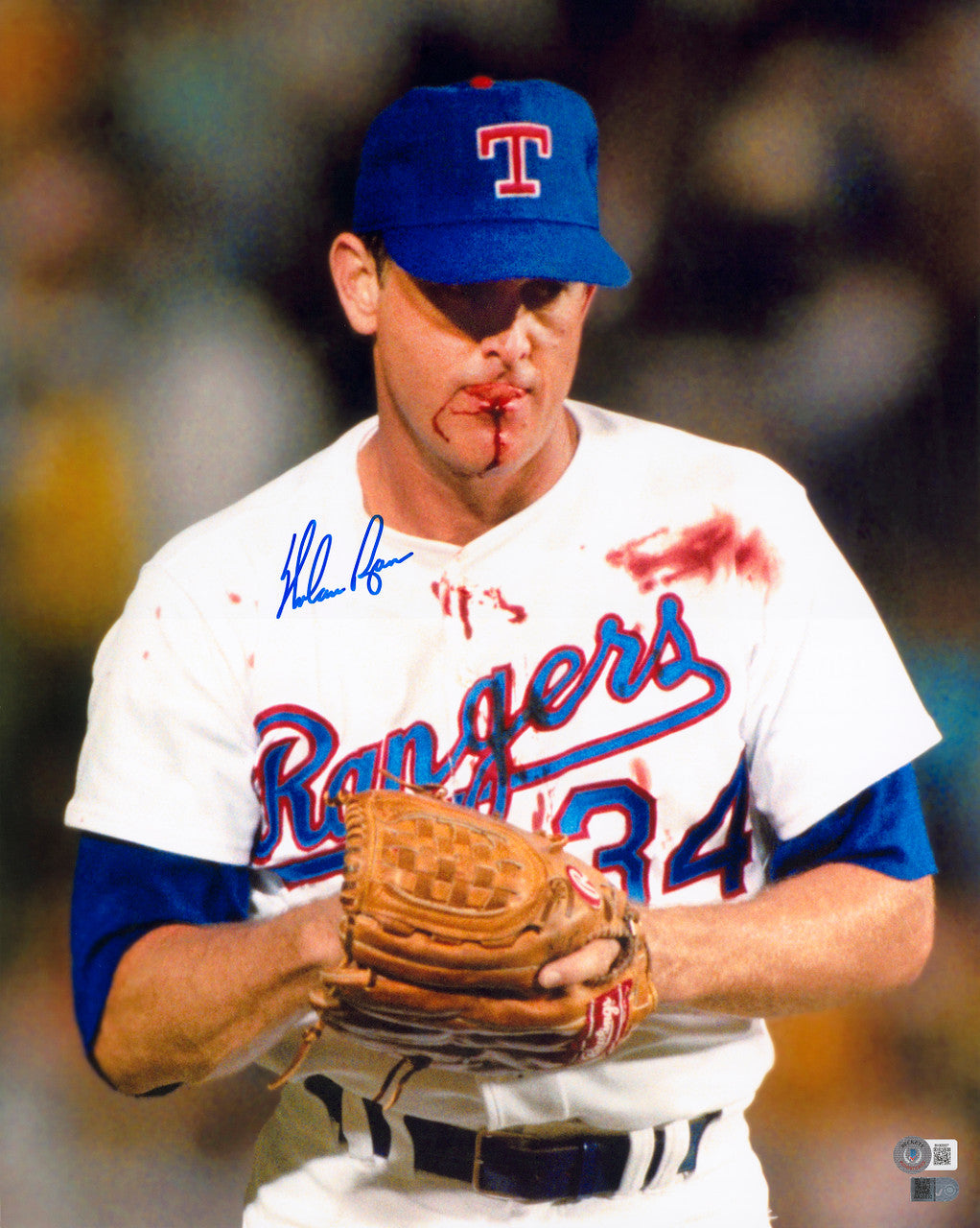 Nolan Ryan Autographed 16x20 Photo Texas Rangers Bloody Lip (Beckett BAS QR)