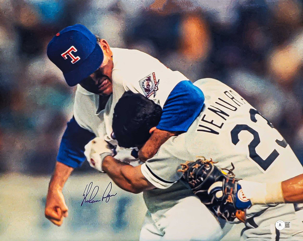 Nolan Ryan Autographed 16x20 Photo Texas Rangers Fight vs. Robin Ventura Beckett BAS QR