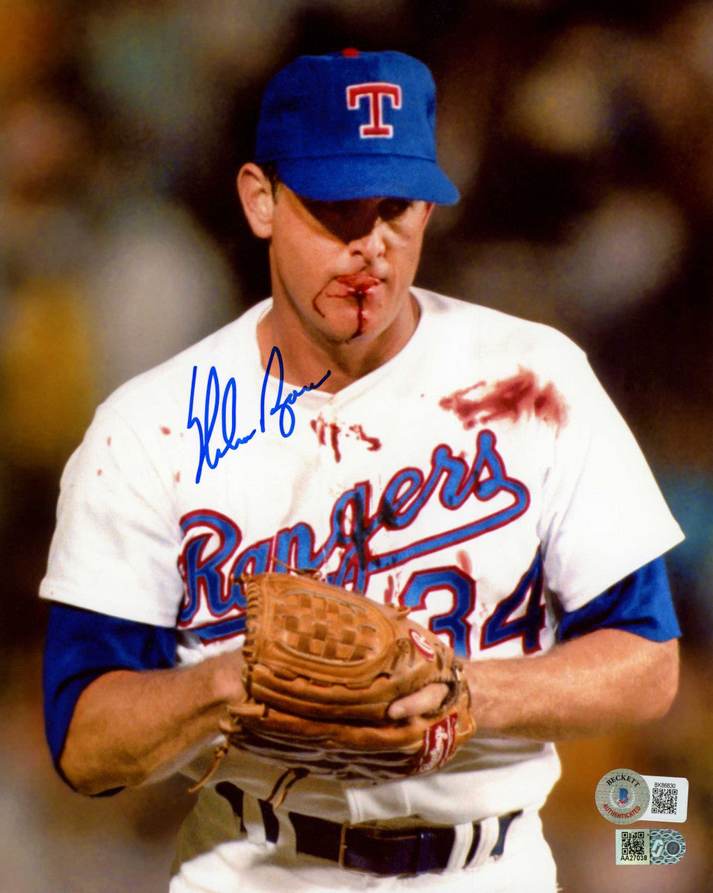 Nolan Ryan Autographed 8x10 Photo Texas Rangers Bloody Lip (Beckett BAS QR)