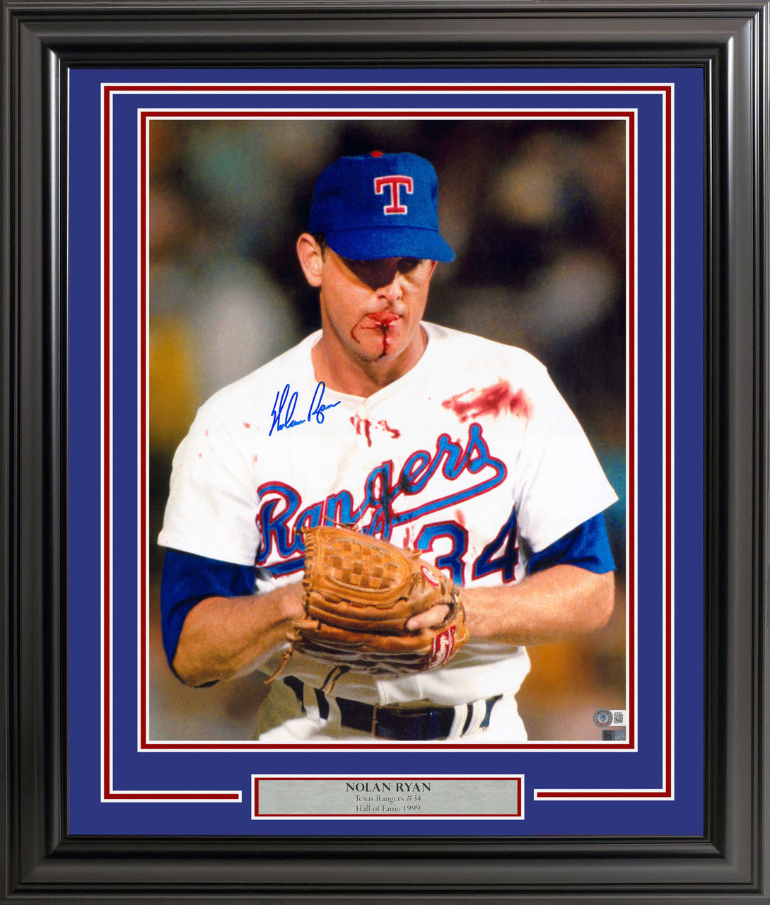 Nolan Ryan Signed Framed 16x20 Texas Rangers “Bloody Lip” Photo – Beckett BAS QR COA