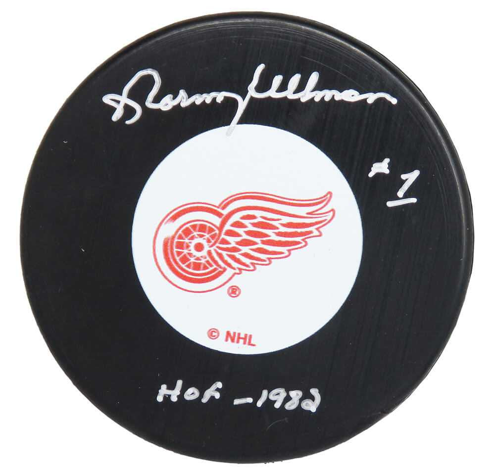 Norm Ullman Signed Detroit Red Wings Logo Hockey Puck w/HOF 1982 - Schwartz Authenticated