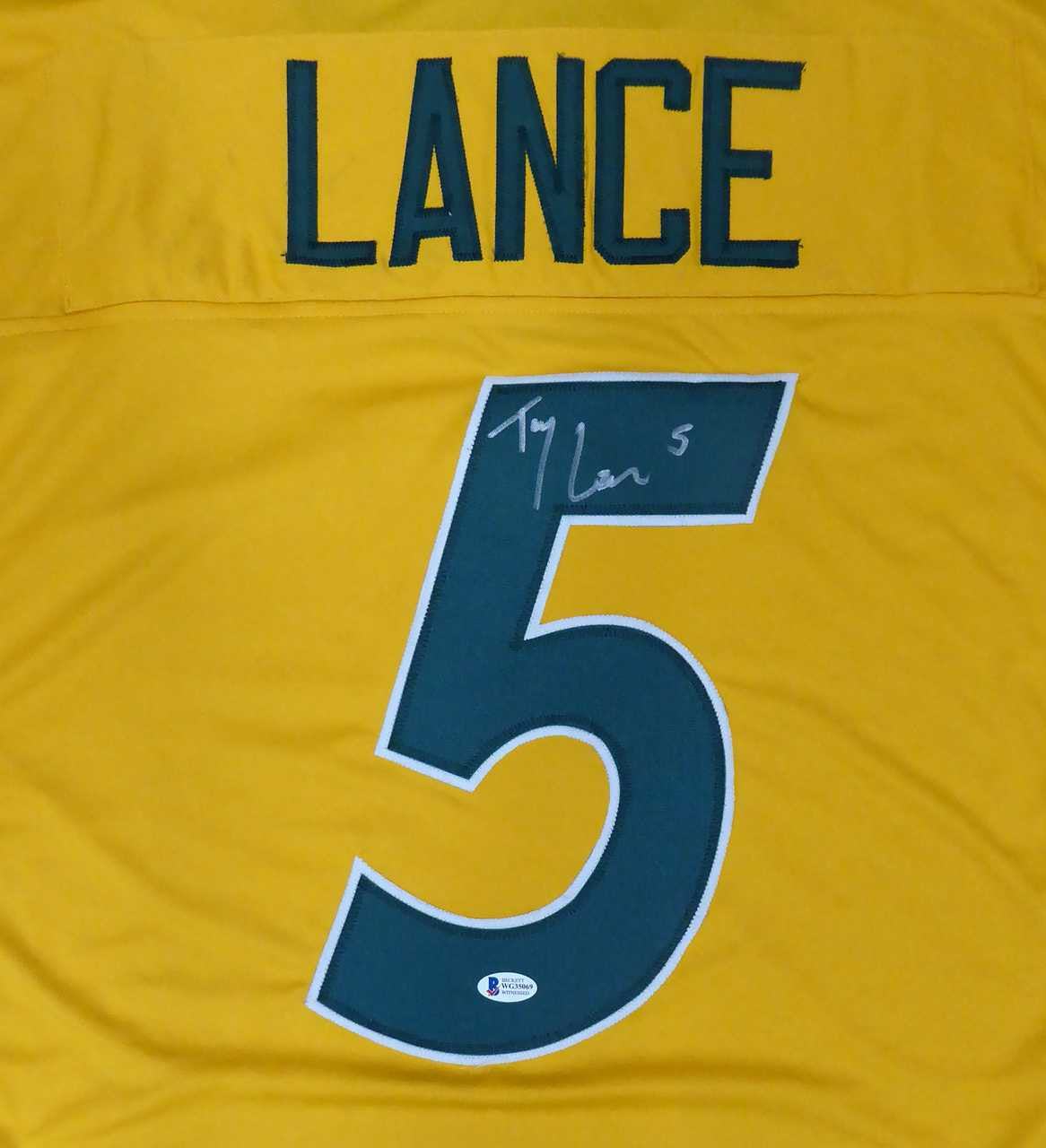 North Dakota State Bison Trey Lance Autographed Yellow Jersey Beckett BAS