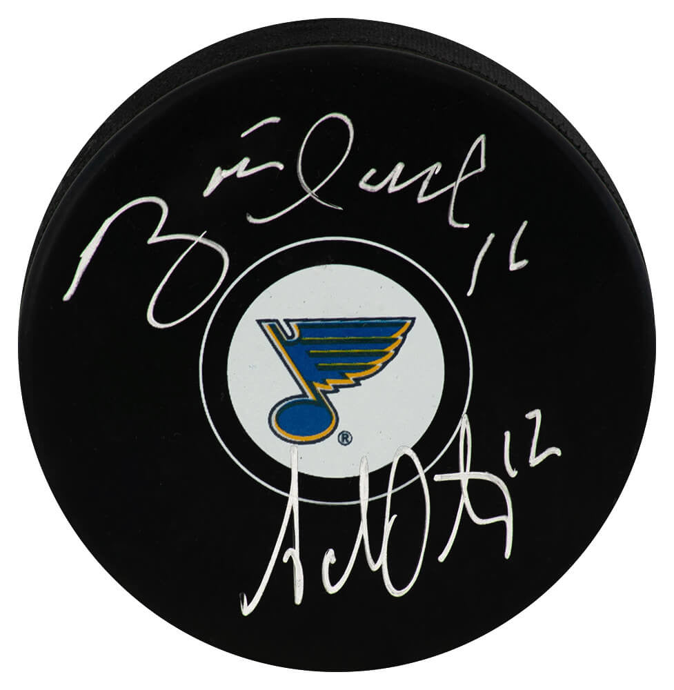 Brett Hull & Adam Oates Dual Signed St. Louis Blues Logo Hockey Puck