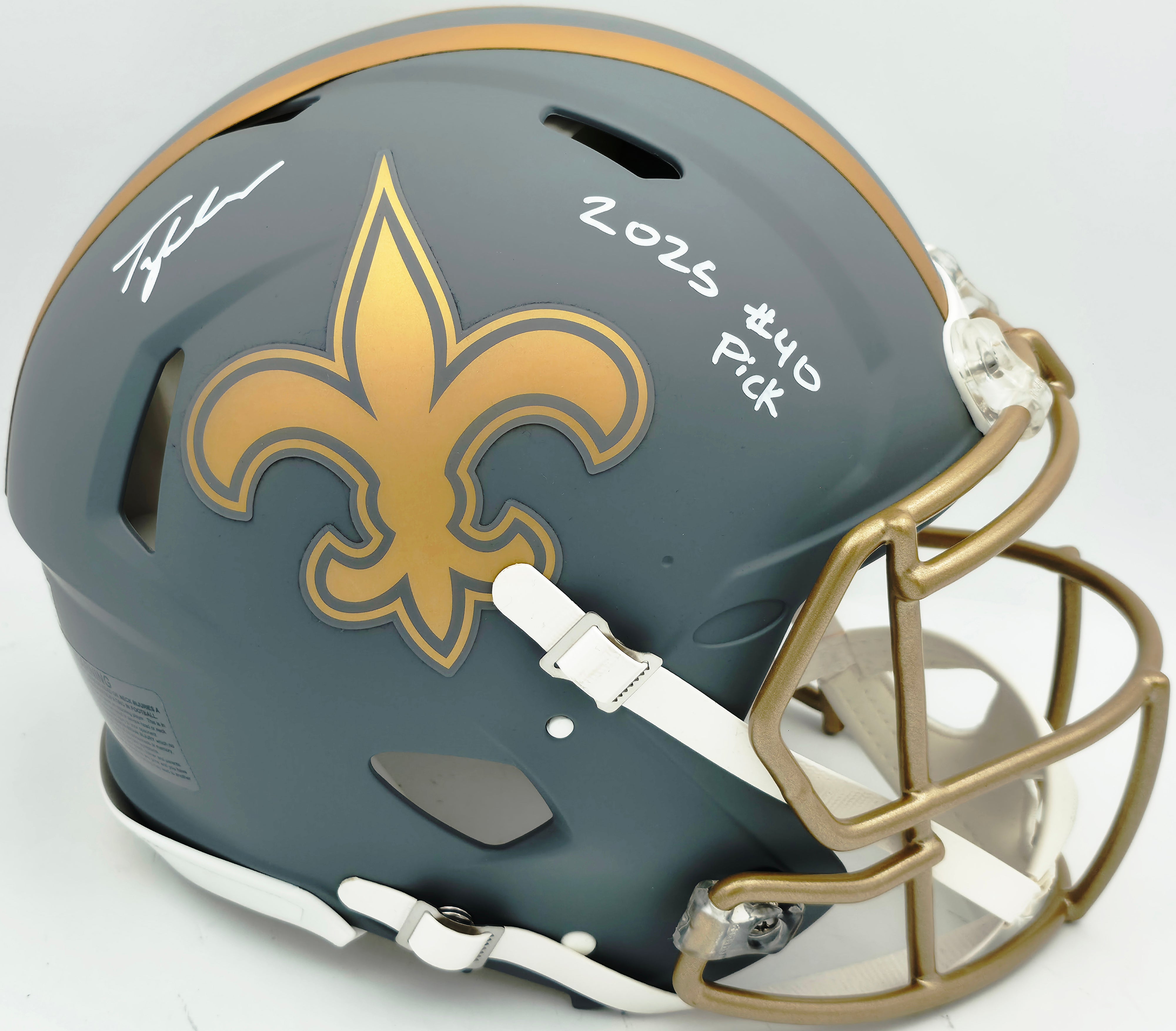 Tyler Shough Autographed Saints Slate Gray Helmet "2025 #40 Pick" Fanatics Authenticated