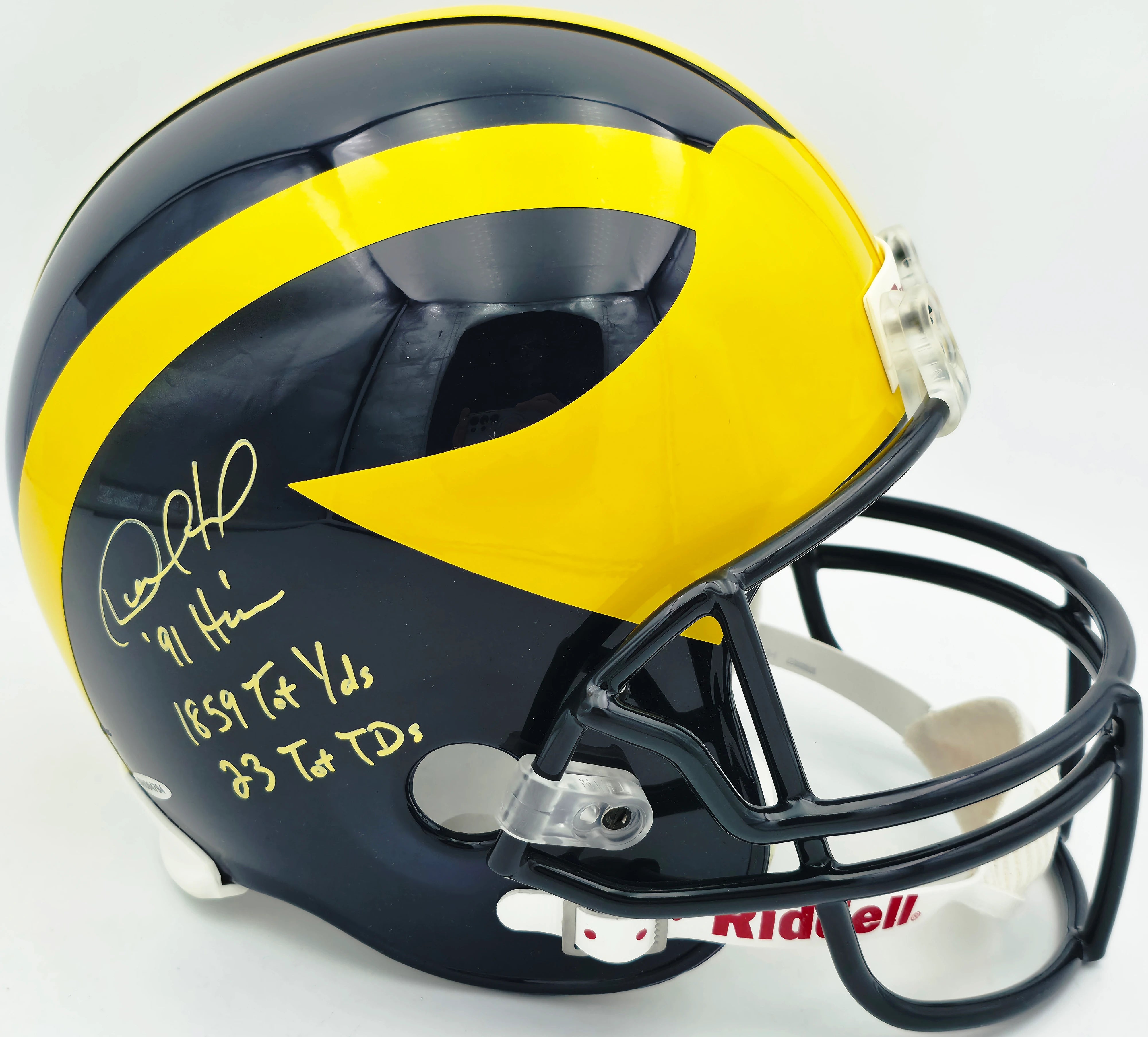 Desmond Howard Autographed Michigan Wolverines Blue & Yellow Replica Full Size Helmet "91 Heis, 1859 Tot Yds & 23 Tot TDs" #12/21 UDA Holo #SHO94794