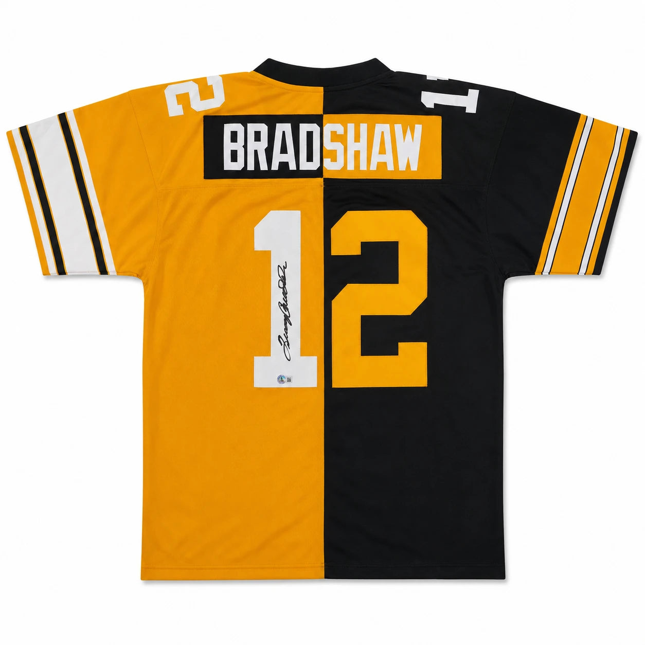 Pittsburgh Steelers Terry Bradshaw Autographed Black & Yello Mitchell & Ness Authentic Jersey Size XL Beckett BAS Witness #1W494552