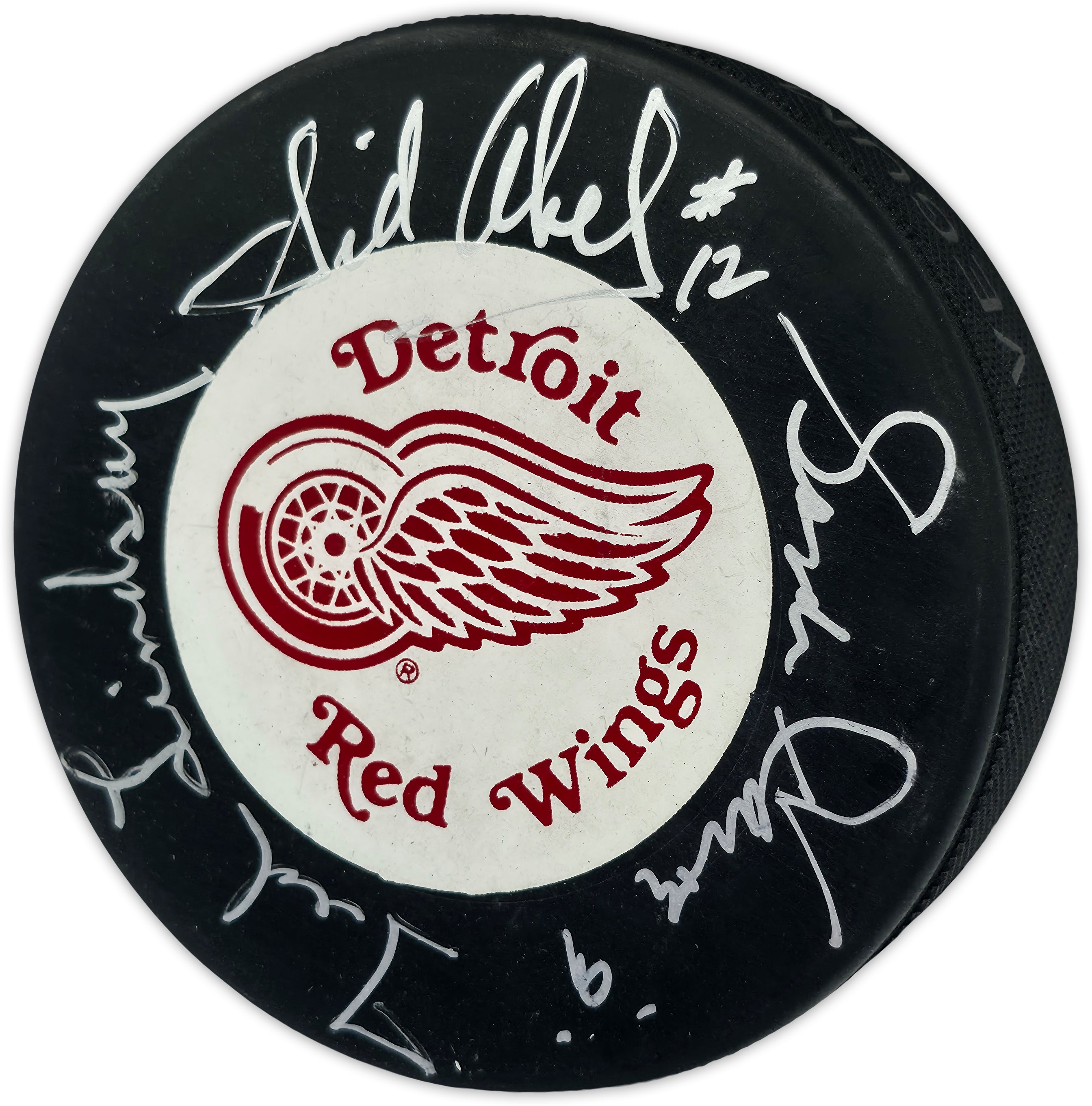 Gordie Howe, Sid Abel, & Ted Lindsay Autographed Official Detroit Red Wings Logo Hockey Puck Production Line Beckett BAS #AE85128