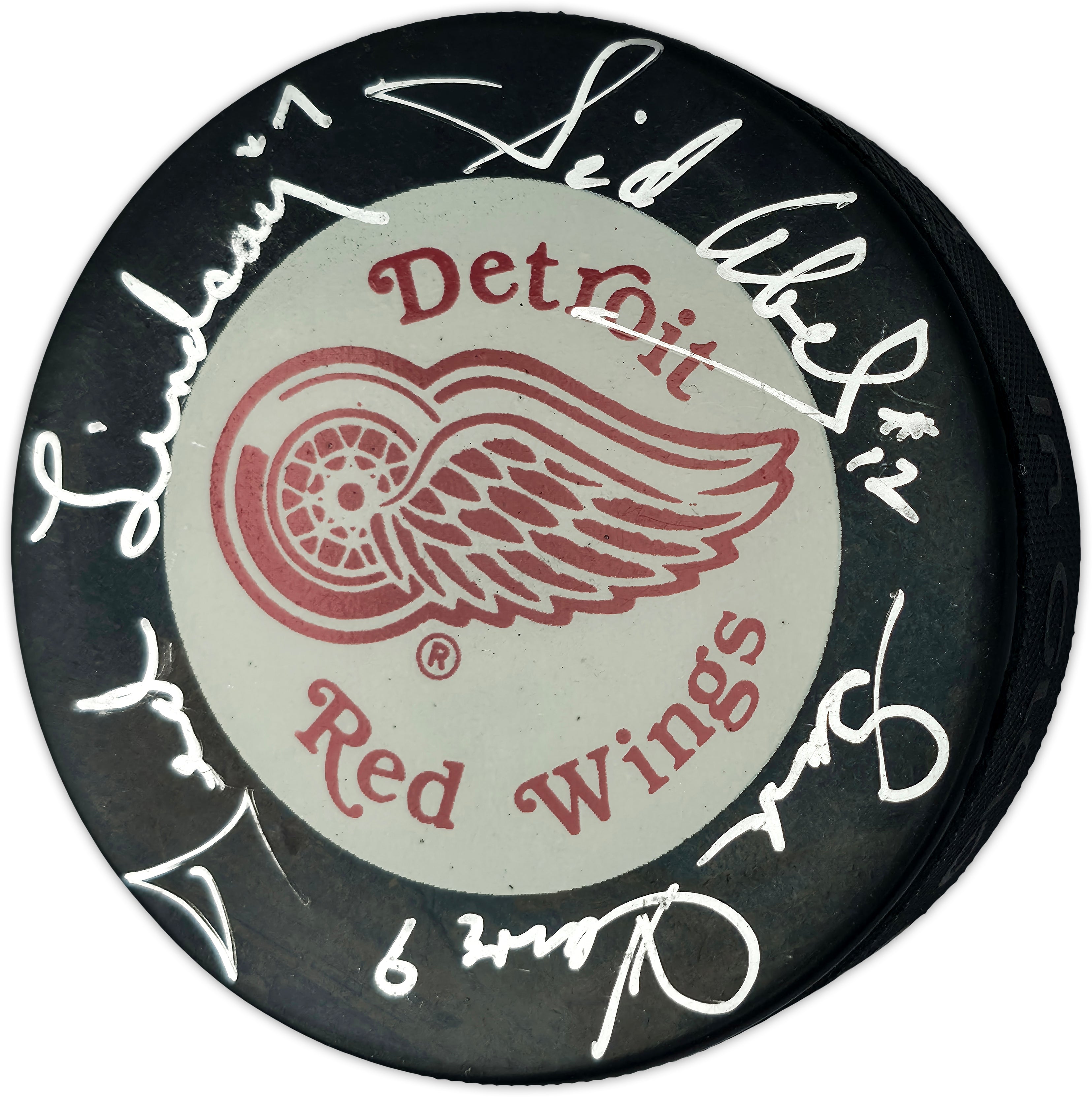 Gordie Howe, Sid Abel, & Ted Lindsay Autographed Official Detroit Red Wings Logo Hockey Puck Production Line Beckett BAS #AE85127