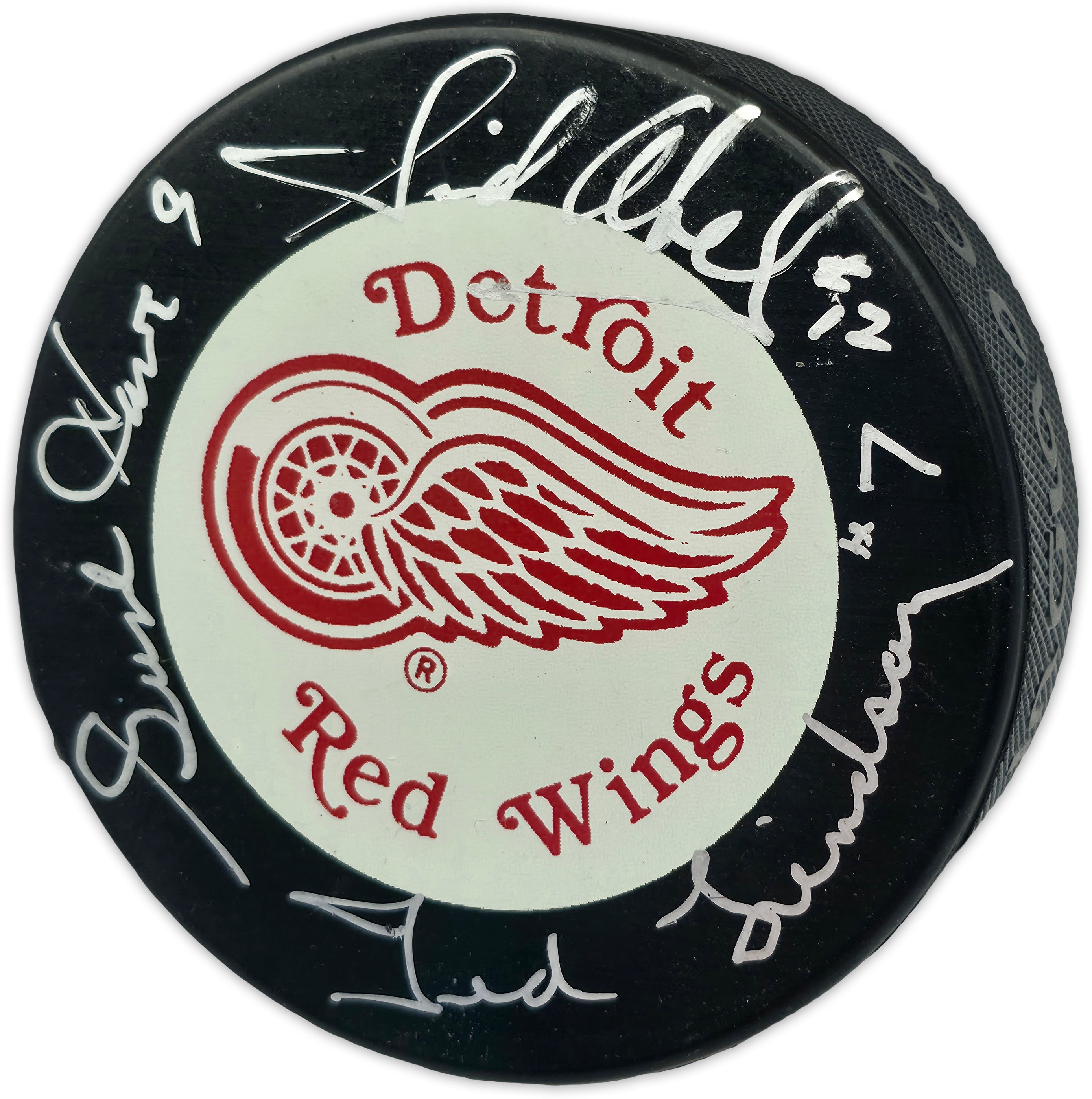 Gordie Howe, Sid Abel, & Ted Lindsay Autographed Official Detroit Red Wings Logo Hockey Puck Production Line Beckett BAS #AE85131