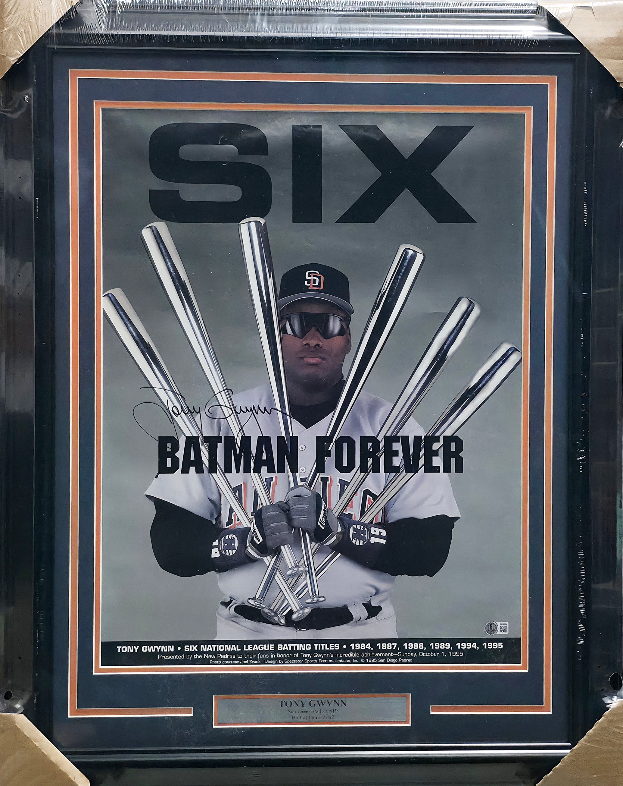 Tony Gwynn Autographed Framed 18x24 Batman Forever Poster San Diego Padres Beckett BAS QR #BW06385