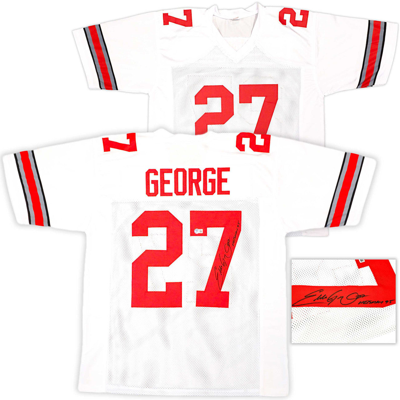 Ohio State Buckeyes Eddie George Autographed White Jersey “Heisman 1995” – Beckett BAS Witness Certified