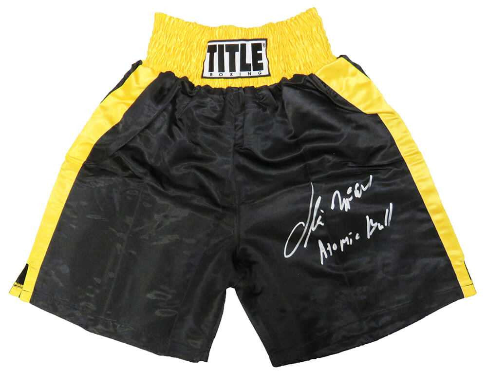 Oliver McCall Signed Title Black With Gold Trim Boxing Trunks w/Atomic Bull