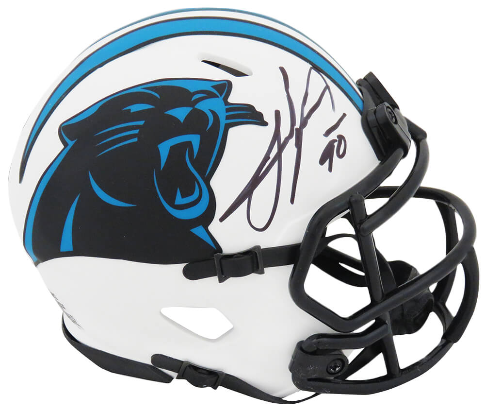 Julius Peppers Autographed Carolina Panthers Lunar Eclipse White Matte Riddell Speed Mini Helmet - Schwartz Sports Certified