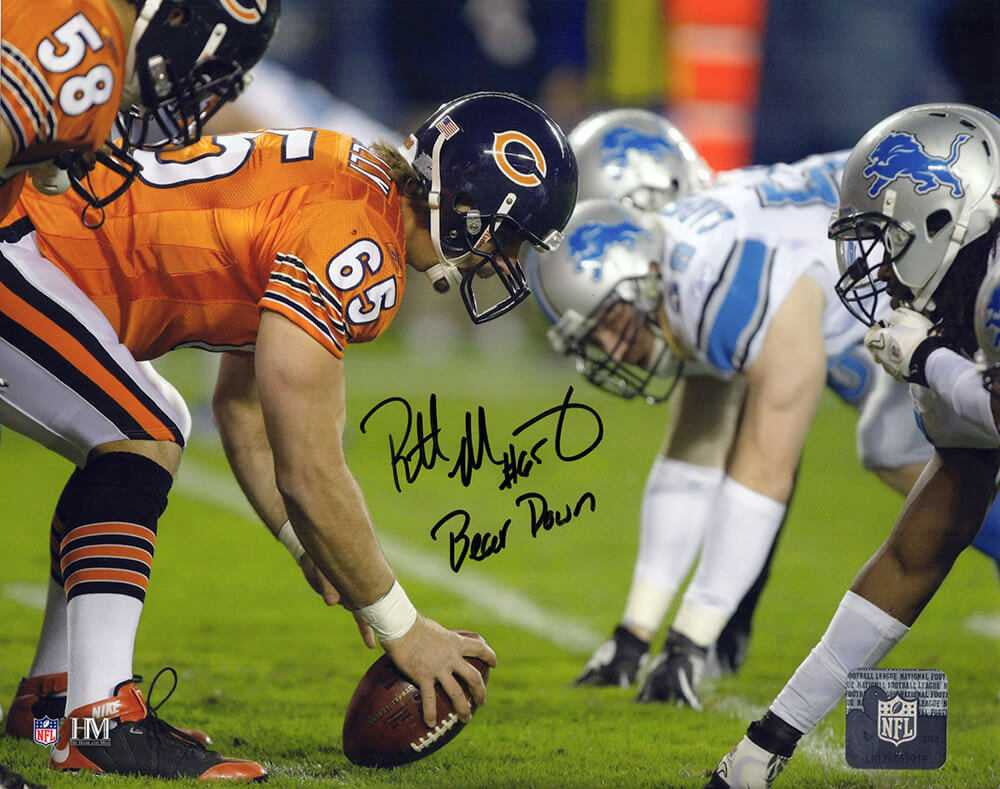 Patrick Mannelly Signed Chicago Bears Long Snap vs Lions 8x10 Photo w/Bear Down