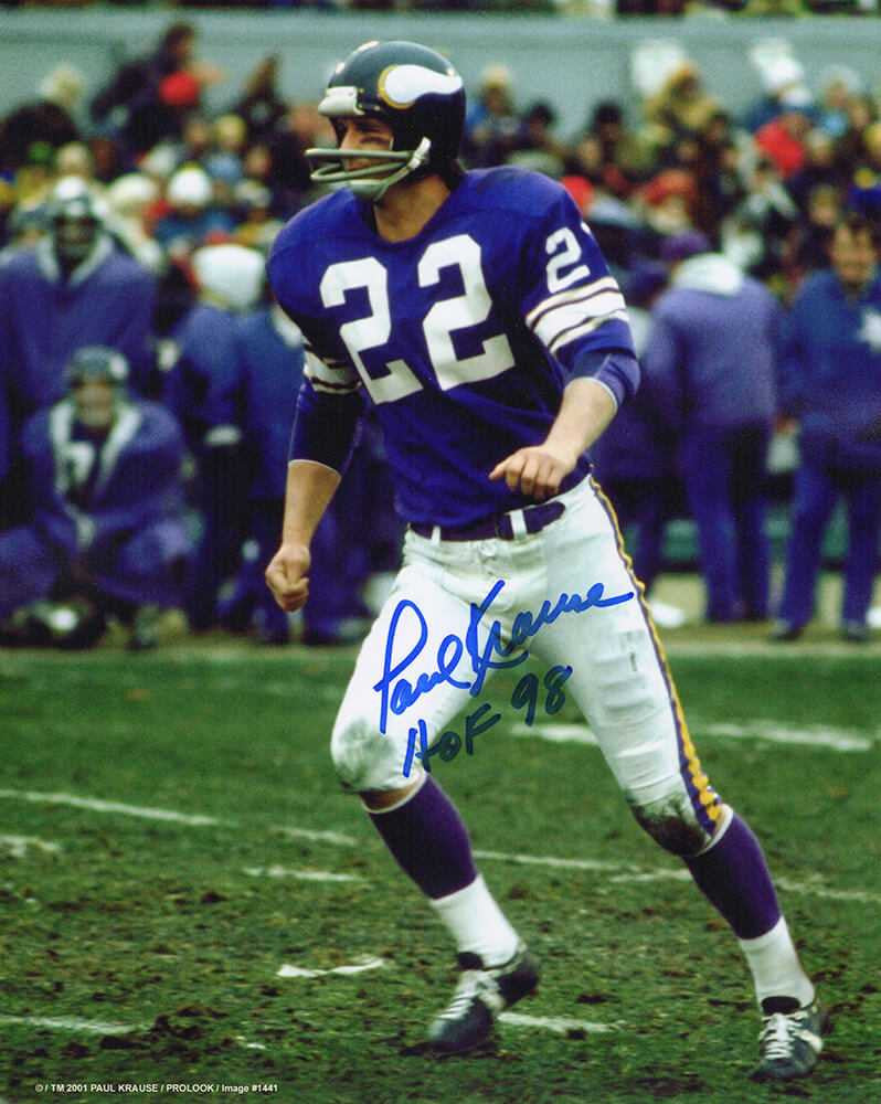 Paul Krause Signed Minnesota Vikings Purple Jersey Action 8x10 Photo w/HOF'98 - Schwartz Authenticated