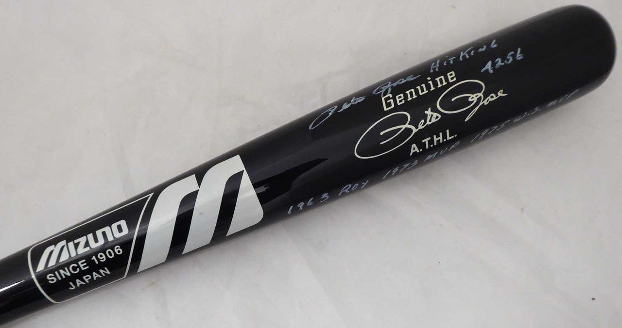 Pete Rose Autographed Black Mizuno Bat Cincinnati Reds Stat Bat "Hit King & 4256" In White PR Holo Stock #178273