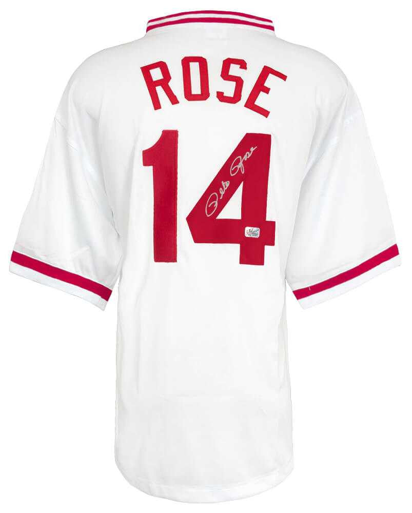 Pete Rose Signed “Hit King” White Throwback Jersey – Schwartz COA