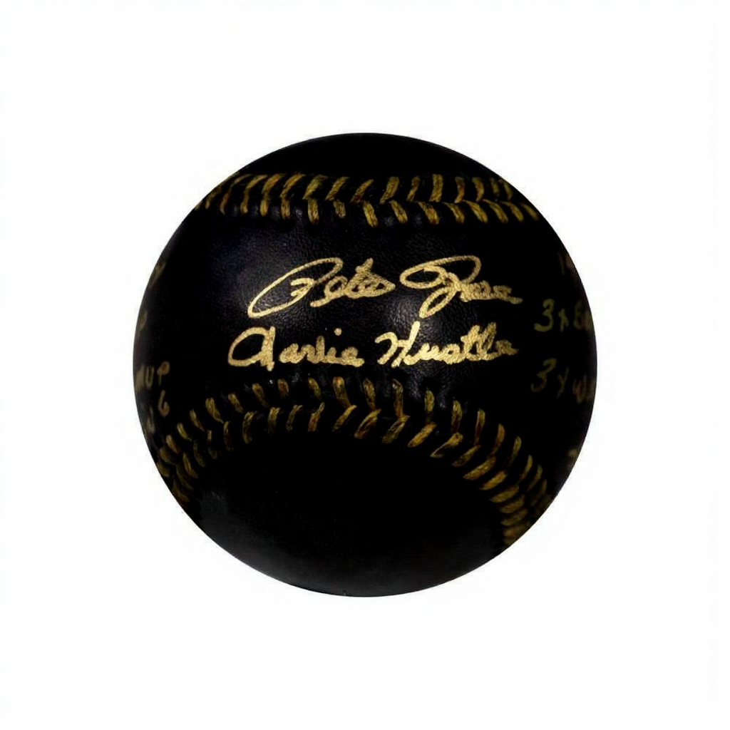 Pete Rose “Stats” Signed Black MLB Baseball – BAS COA
