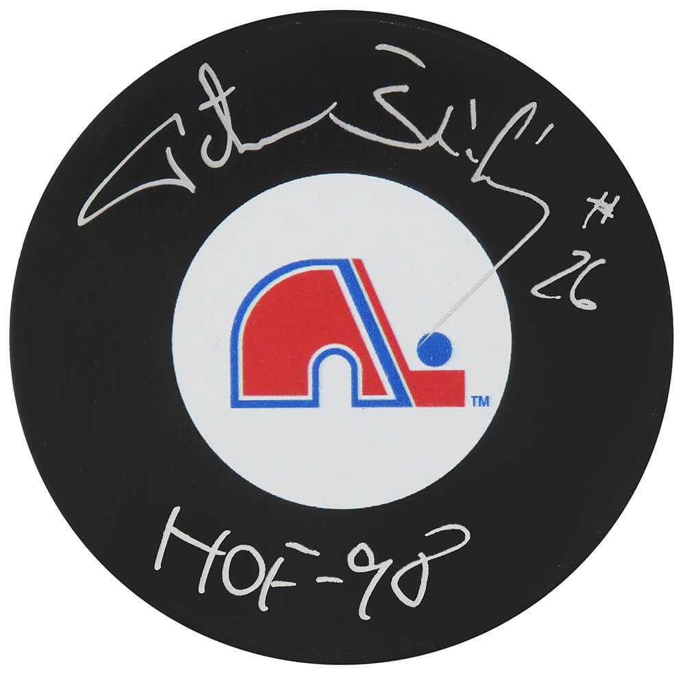 Peter Stastny Signed Quebec Nordiques Team Logo Hockey Puck w/HOF'98