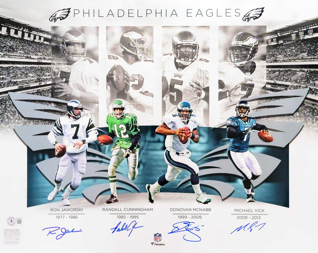 Philadelphia Eagles Quarterbacks Autographed 16x20 Photo With 4 Signatures Including Randall Cunningham & Donovan McNabb Beckett BAS