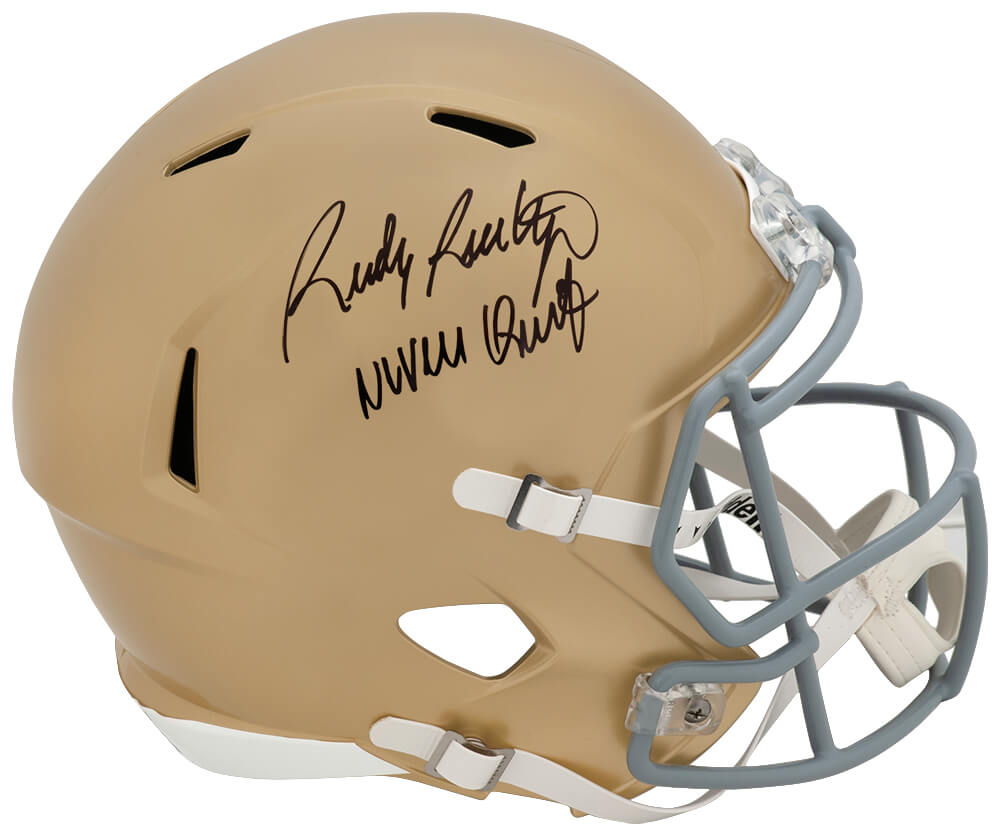Rudy Ruettiger Signed Notre Dame Riddell Full Size Speed Replica Helmet w/Never Quit! - Schwartz Authenticated