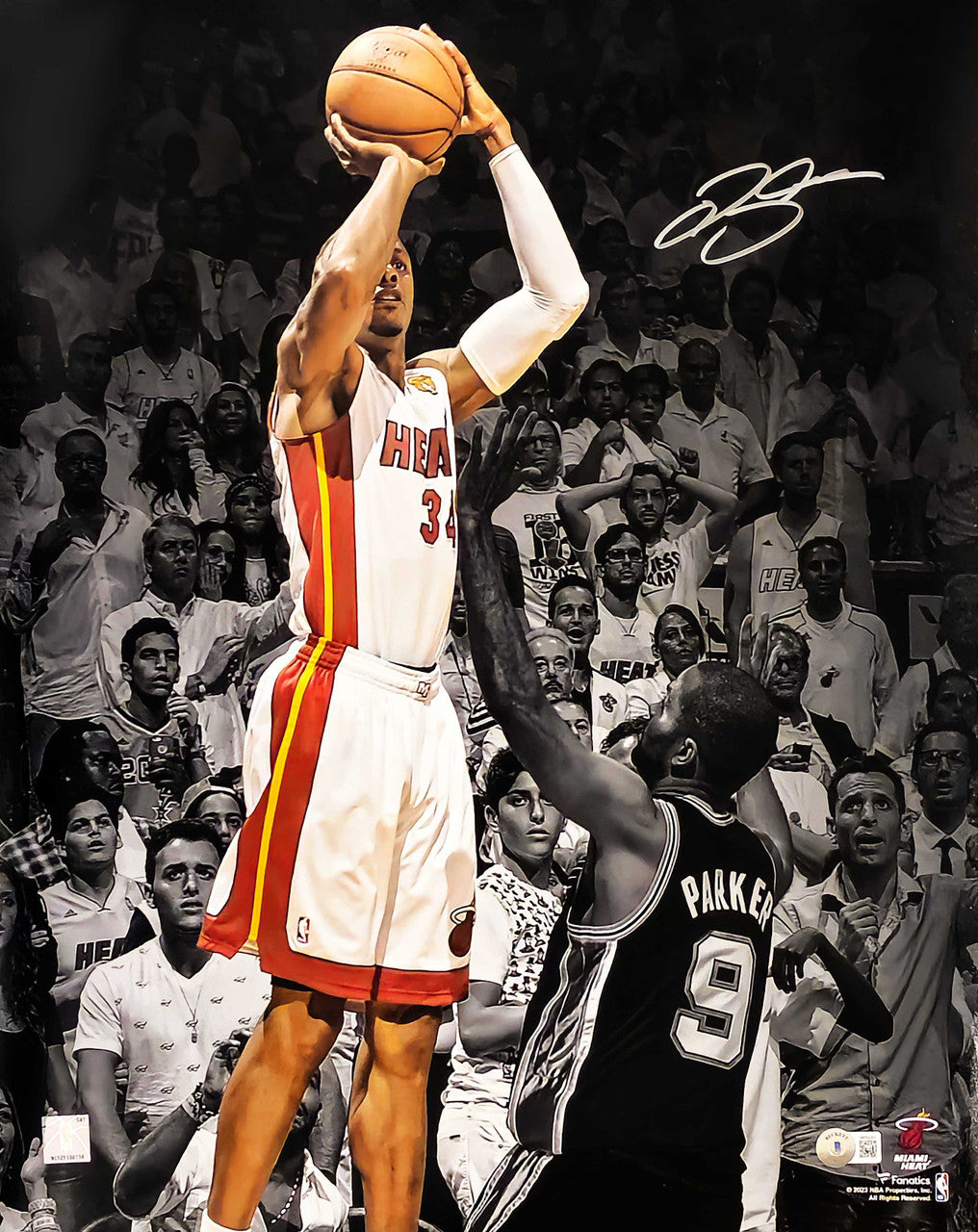 Ray Allen Autographed 16x20 Photo Miami Heat vs. San Antonio Spurs 2013 NBA Finals Game 6 Winning 3 Point Shot Beckett BAS Witness Stock #221289