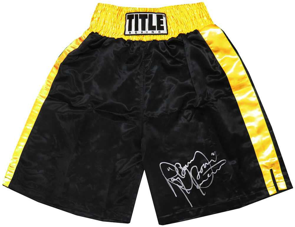 Ray Mancini Signed Title Black With Gold Waist Boxing Trunks w/Boom Boom - Schwartz Authenticated