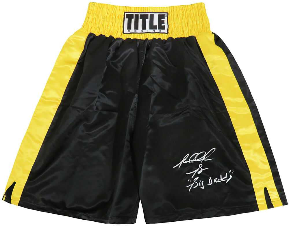 Riddick Bowe Signed Title Balck & Gold Trim Boxing Trunks w/Big Daddy - Schwartz Authenticated