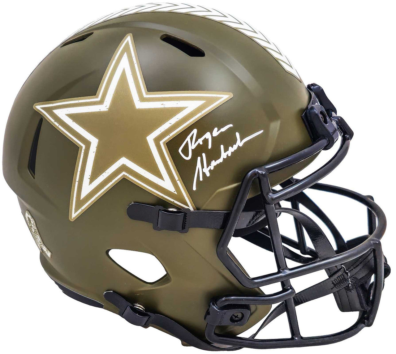 Roger Staubach Autographed Dallas Cowboys Salute To Service Camo Full Size Replica Speed Helmet Beckett BAS Witness